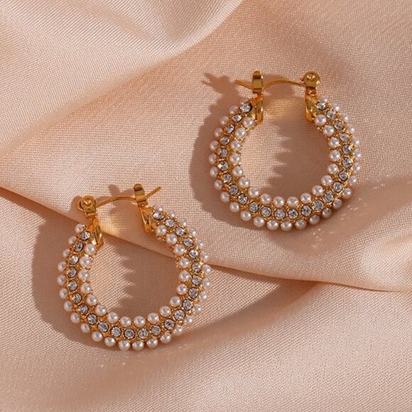 Zircon & Imitation Pearl Hoop Earrings 18K Gold Plated Stainless‎ Steel - Picture 1 of 9